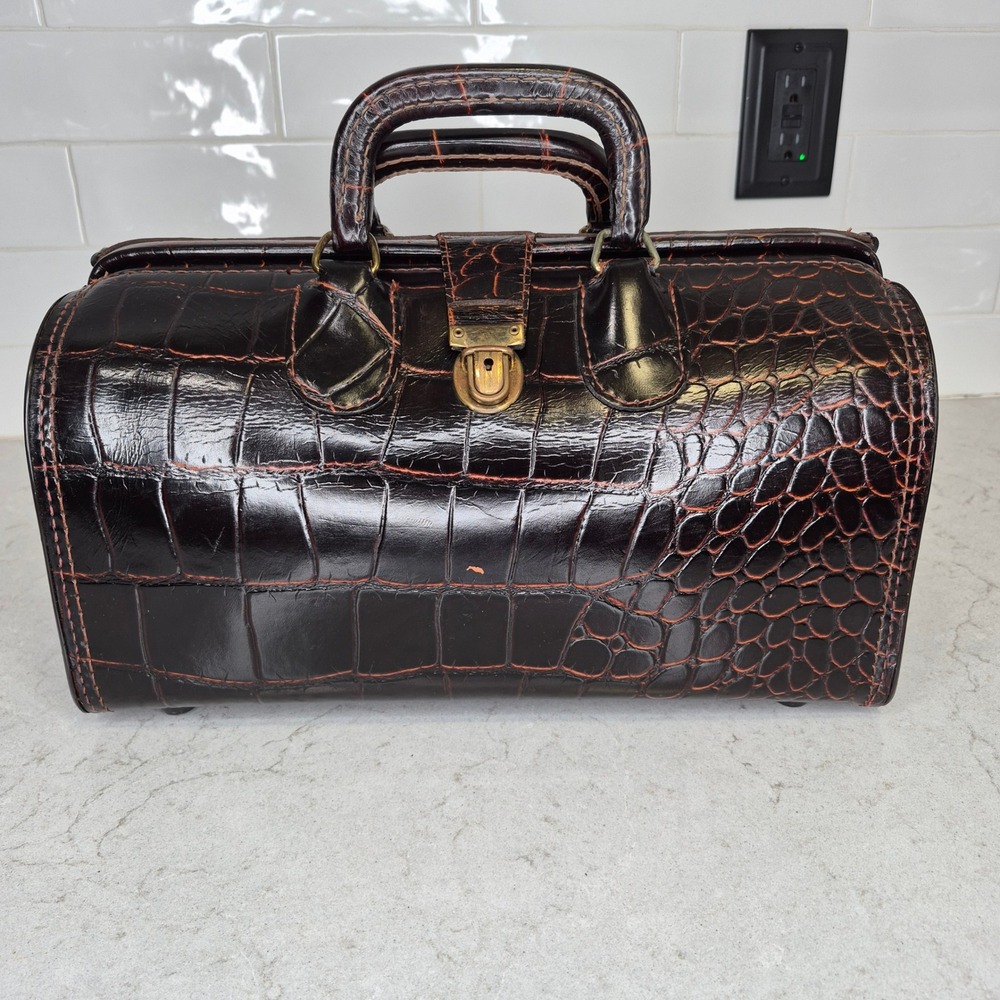 Upjohn Doctor Bag Vintage Faux Croc Embossed Leather Brown Unisex